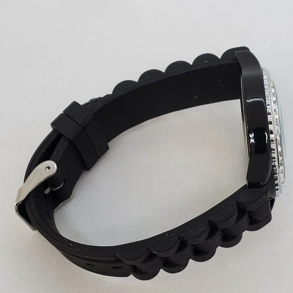 Women's Watch 38MM Black Dial Black Plastic‎ Bands Crystal Bezel New Battery